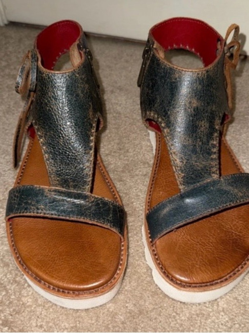 Bed Stu Two-Tone Leather T-Strap Sandals in Black and Brown